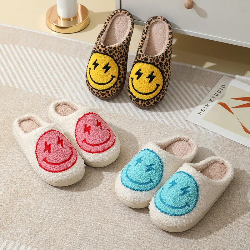 Chic Leopard Print Slippers Smiley Face for Cozy Winter Comfort