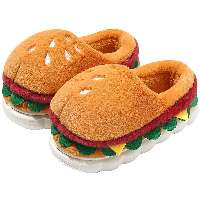 Close view of Hamburger-themed slippers on a white background