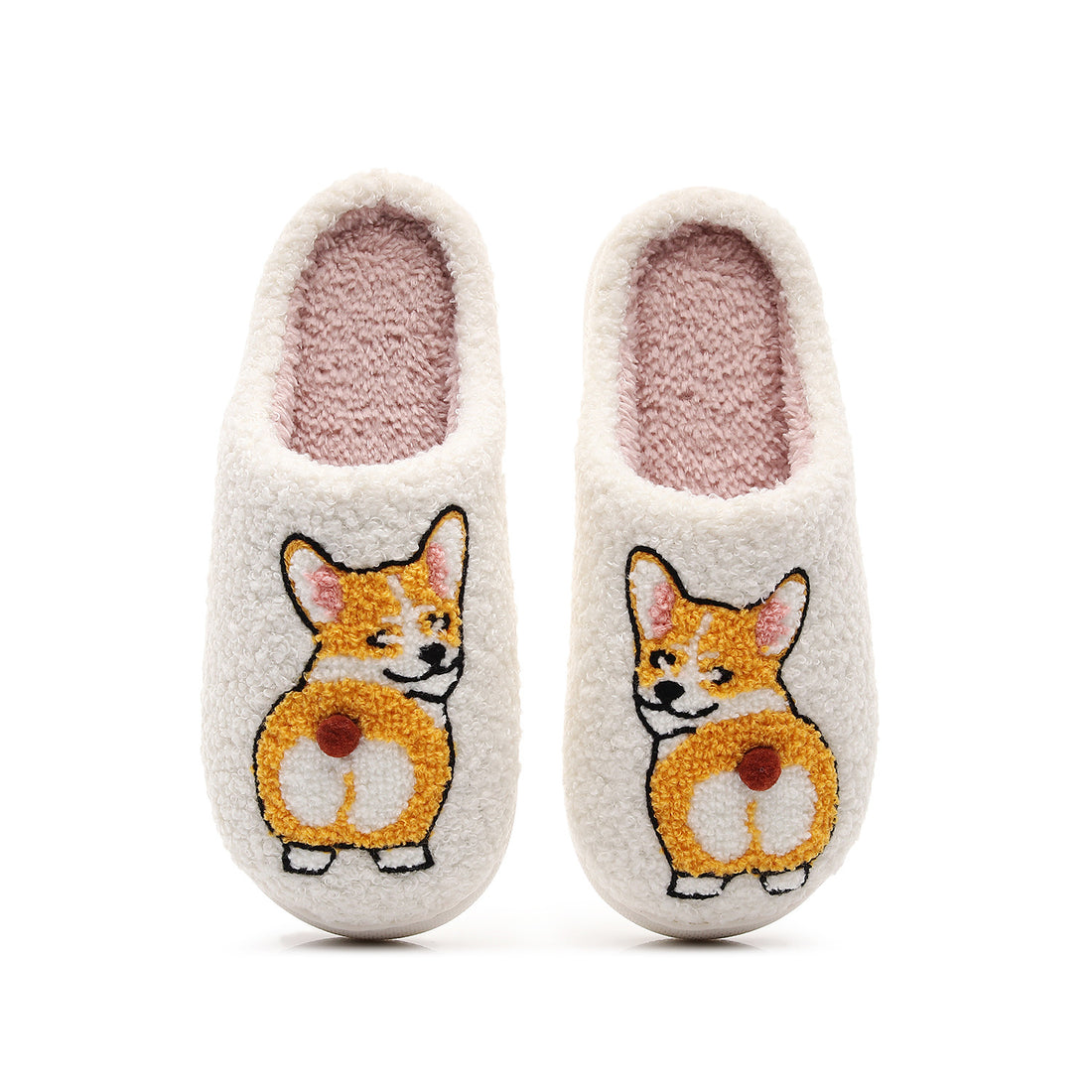 Pair of slippers with a corgi design on a white background