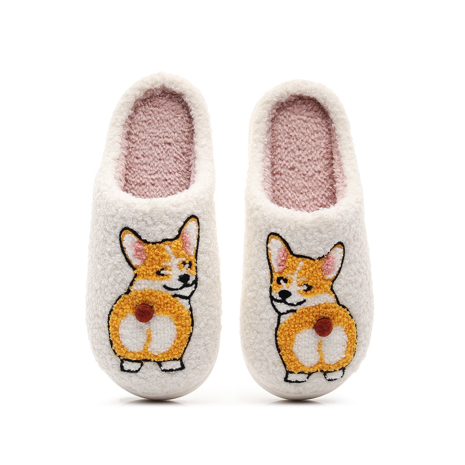 Pair of slippers with a corgi design on a white background