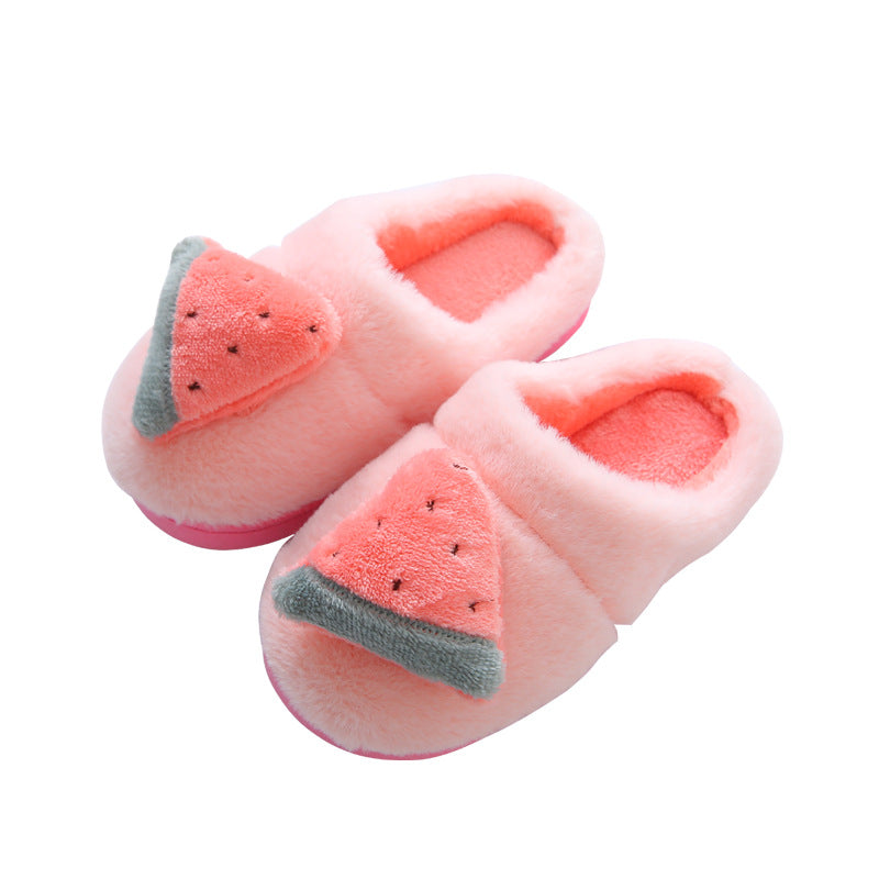 Pink slippers with watermelon design on a white background