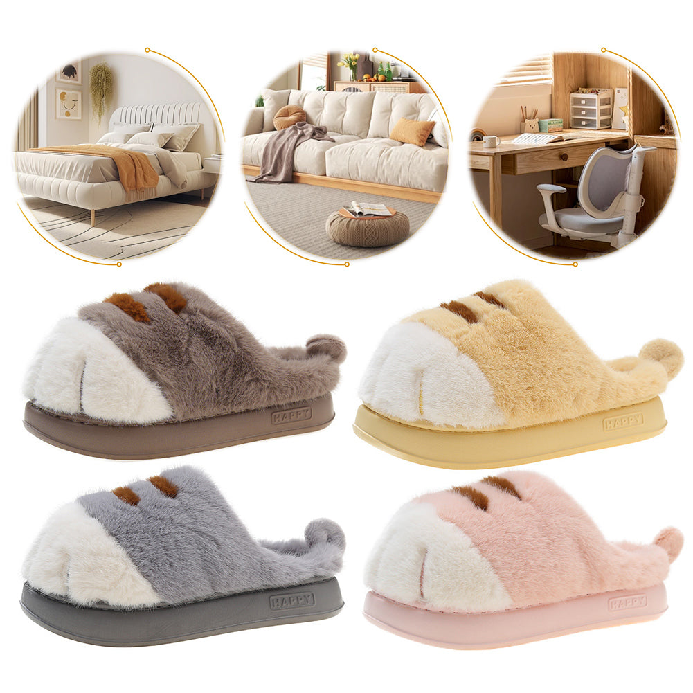 Four pairs of fluffy slippers in different colors with a home setting in the background.