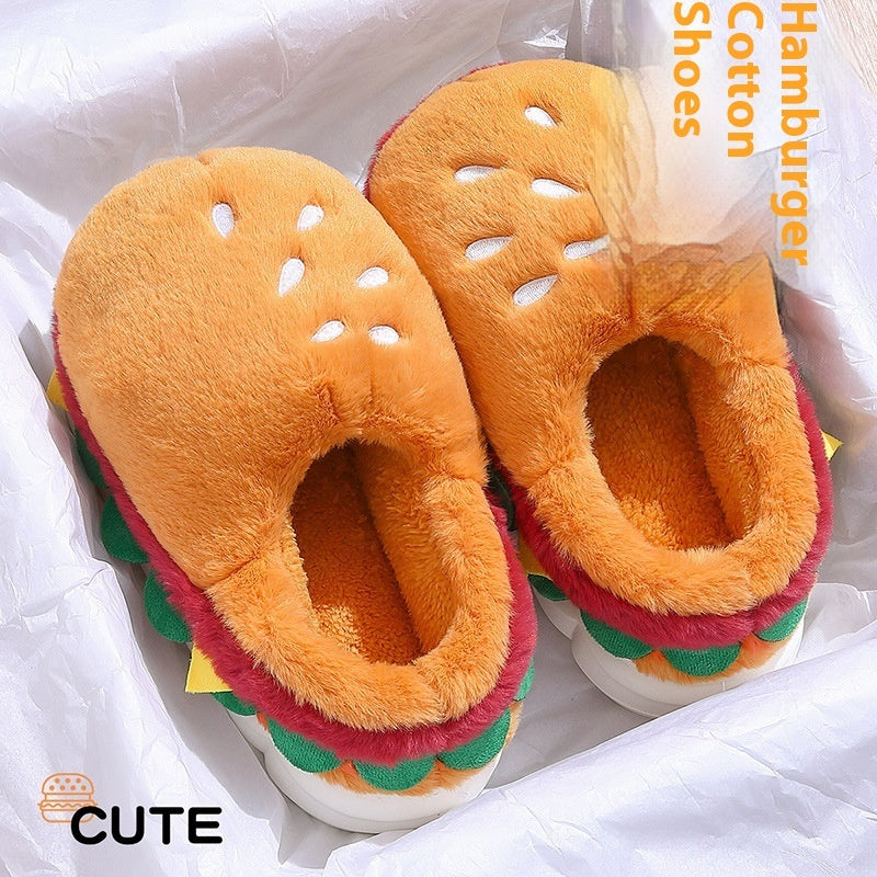 Hamburger-shaped slippers on a white background with 'Cute' label.