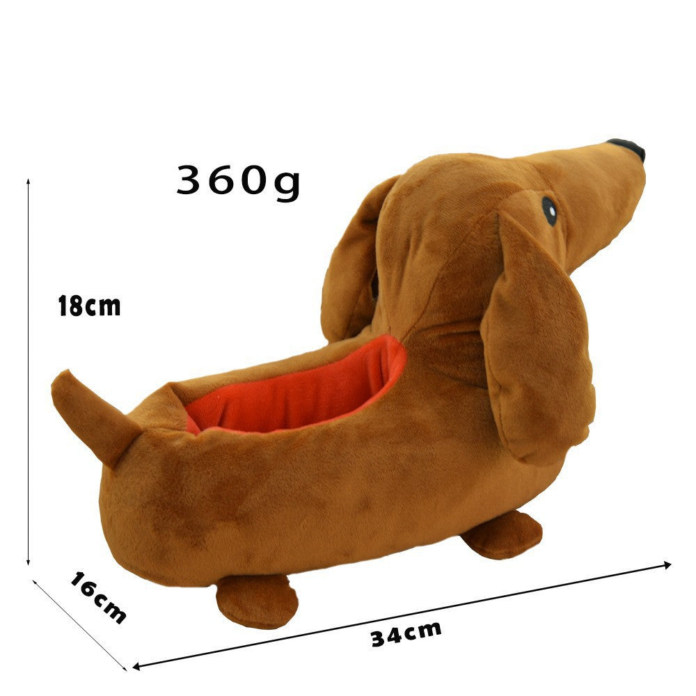 Brown dachshund-shaped product with measurements and weight on a white background