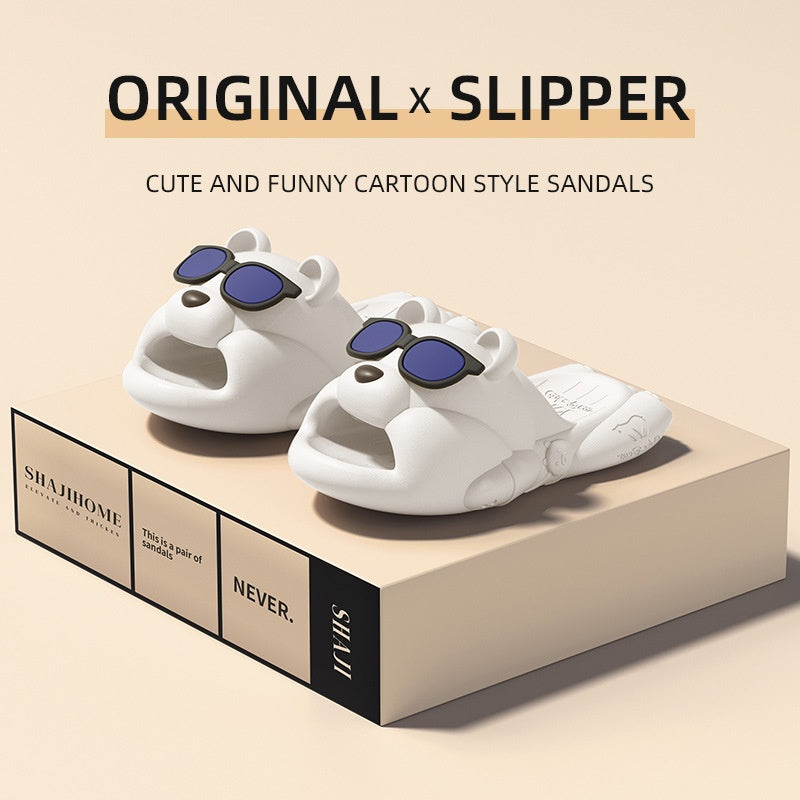 Animal-style slippers with sunglasses on a beige background