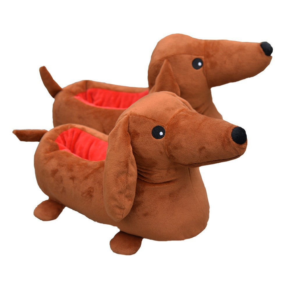 Novelty Brown dachshund-shaped slippers on a white background