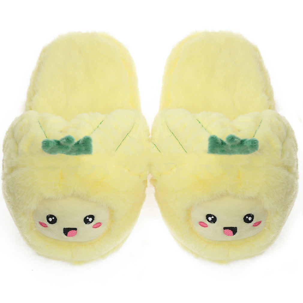 yellow pineapple dragon fruit slippers with cartoon faces and green bows on a white background