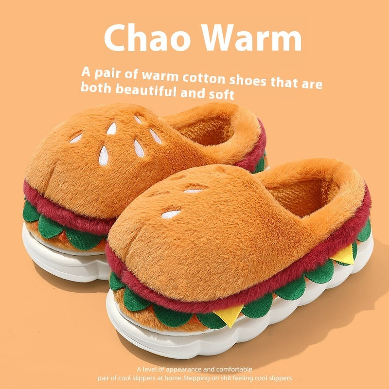 Hamburger-shaped slippers on a beige background with text 'Chao Warm'.