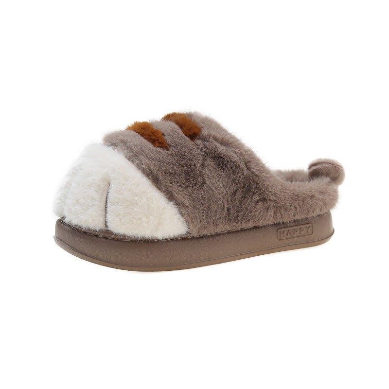 Slipper with brown, white, and gray fur on a white background