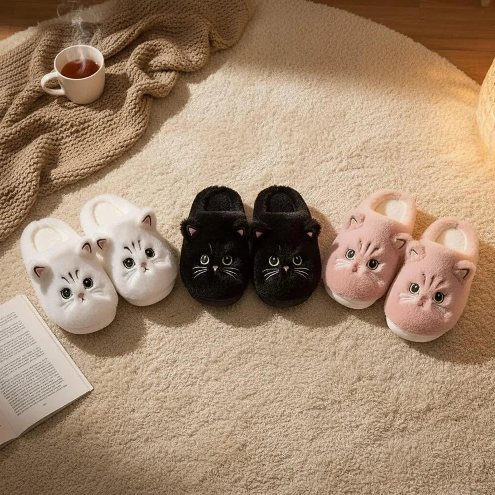 Four pairs of cat-shaped slippers in white, black, and pink on a soft surface with a cup of tea and book.