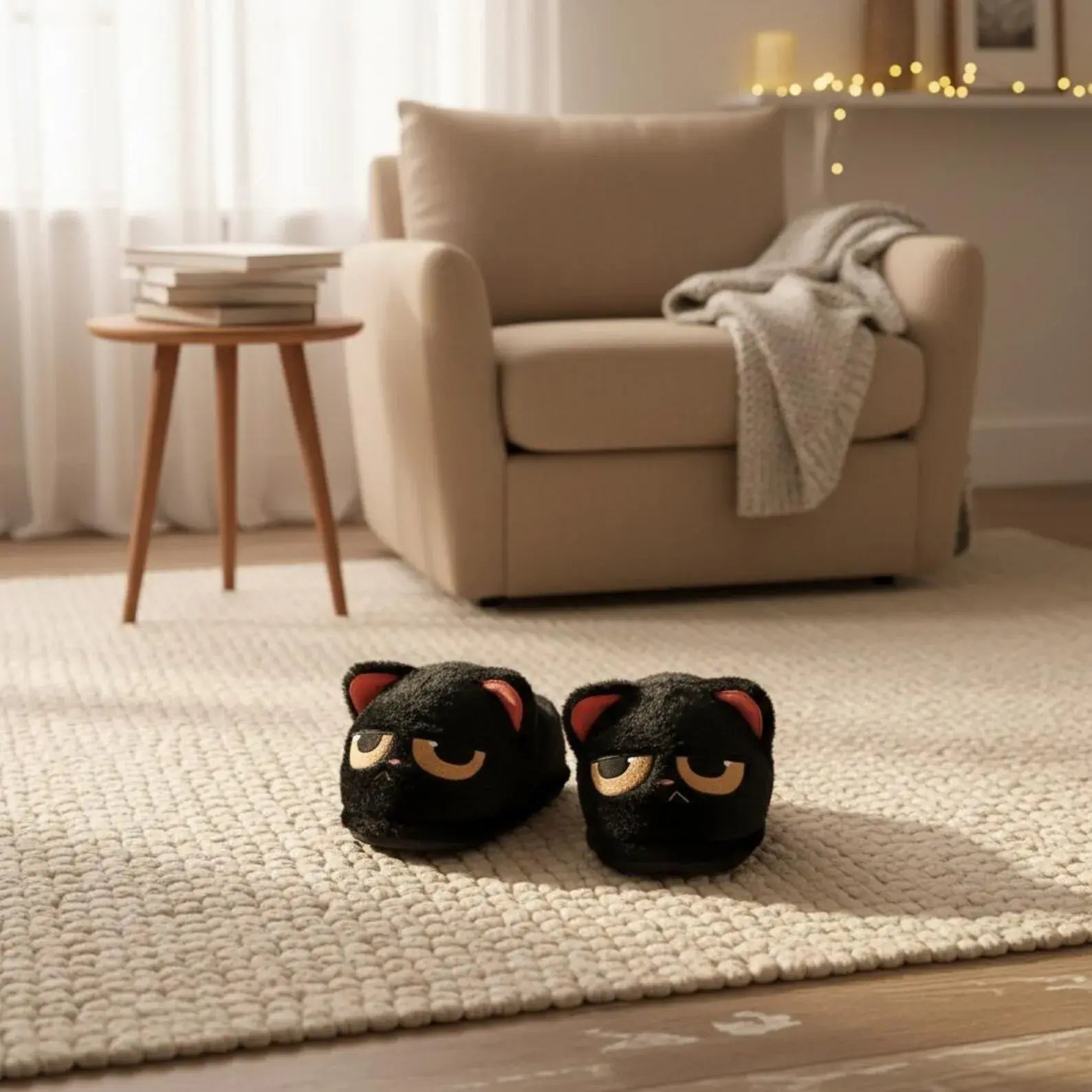 Black cat-shaped slippers on a rug in a cozy living room.