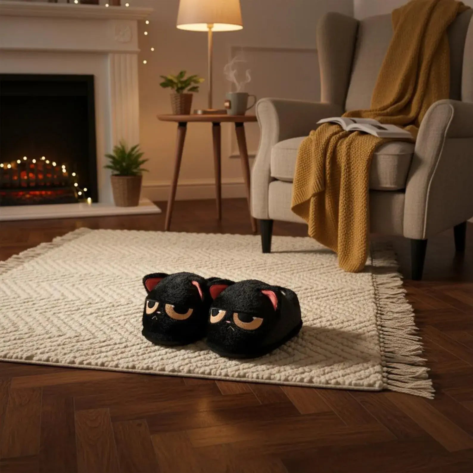 Black cat-shaped slippers on a rug in a cozy living room with a fireplace.
