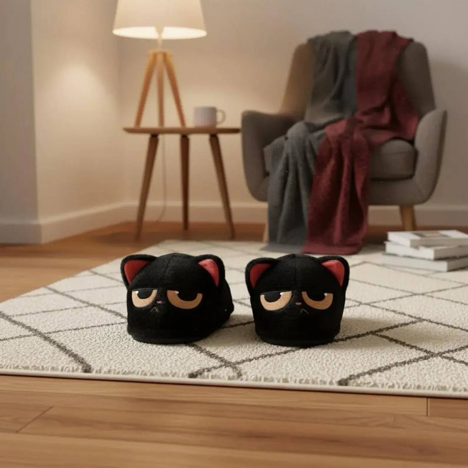 Black cat-shaped slippers on a rug in a cozy living room.