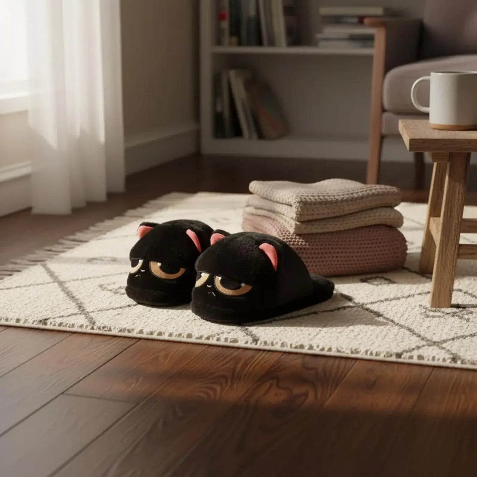 Black cat-shaped slippers on a rug in a cozy living room.