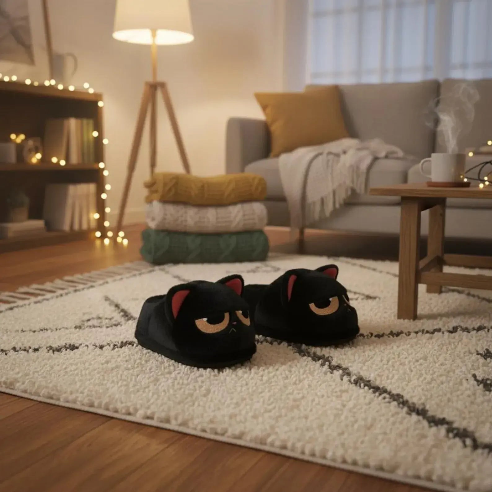 Black cat-shaped slippers on a rug in a cozy living room.