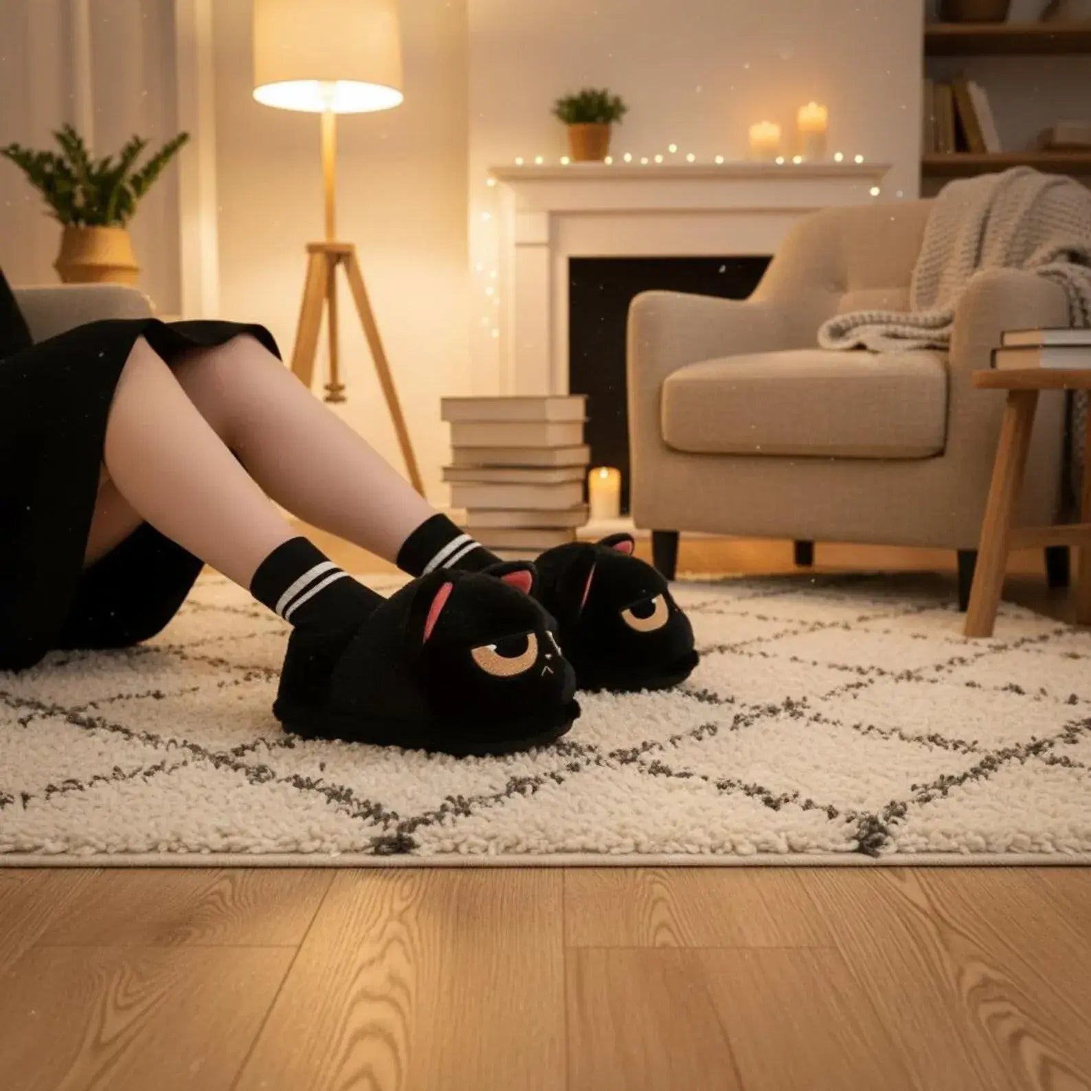 Person wearing black cat-shaped slippers in a cozy living room.