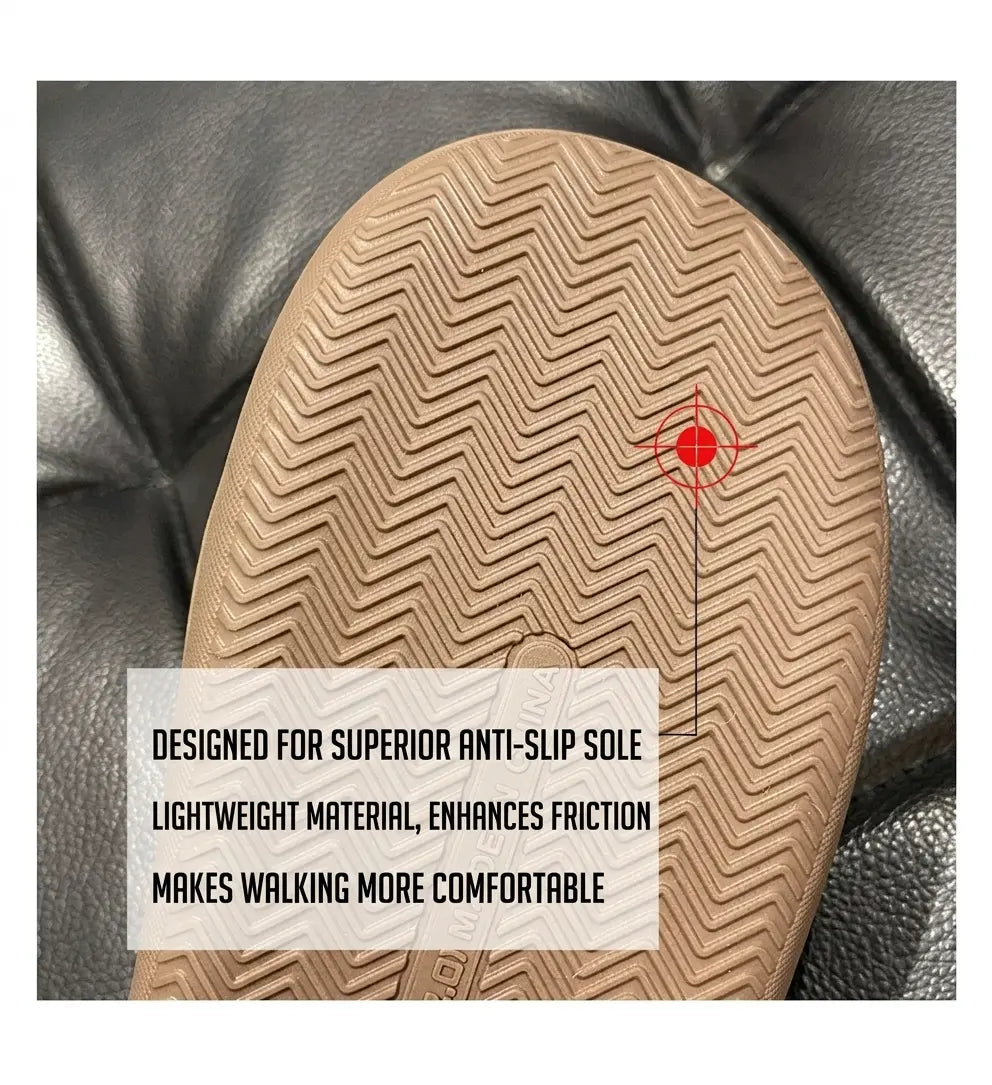 Close-up of a shoe sole with text highlighting its features