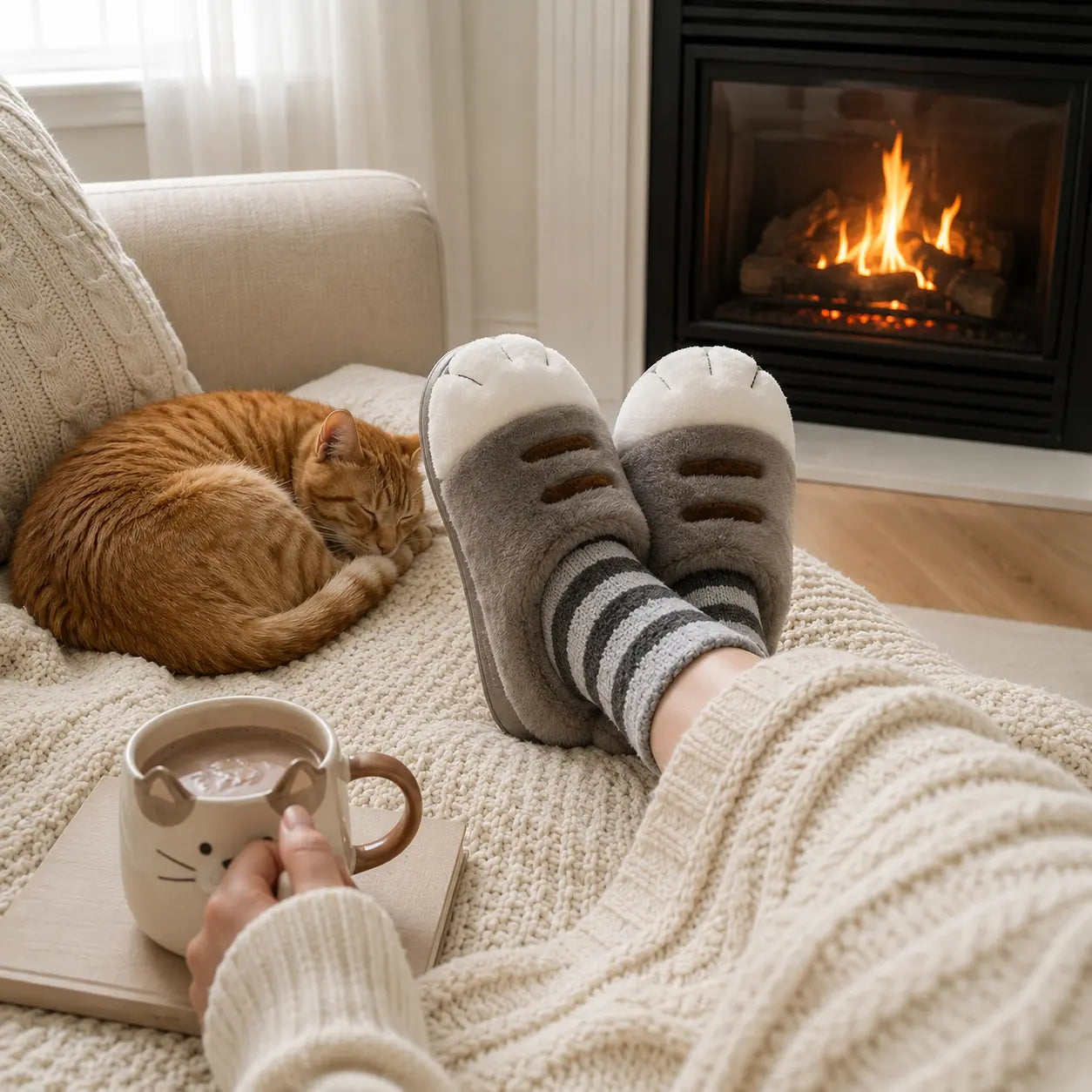 Person wearing slippers with a cat and hot chocolate by a fireplace