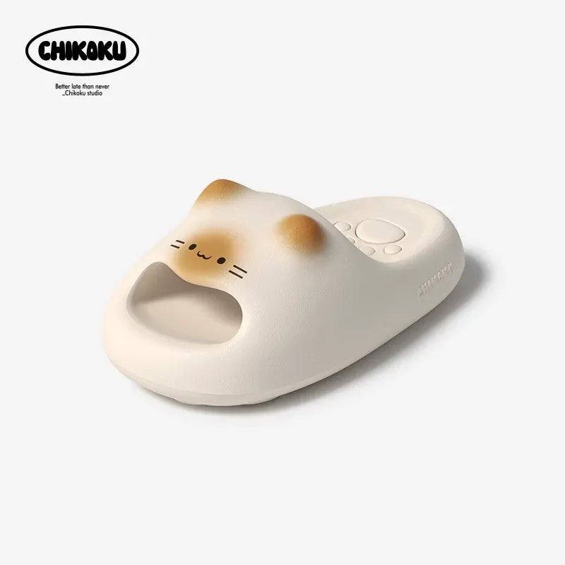 Cat-shaped slipper with a cute face design on a white background, featuring the brand 'Chikaku'.