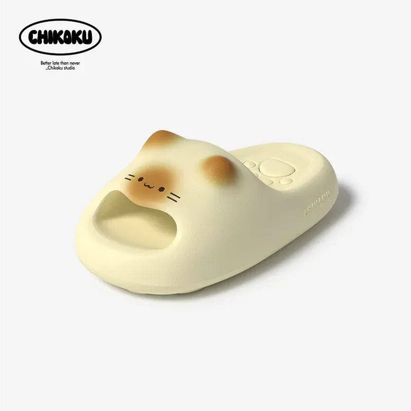 Cat-shaped slipper with a cute face design on a white background, featuring the brand 'Chikaku'.