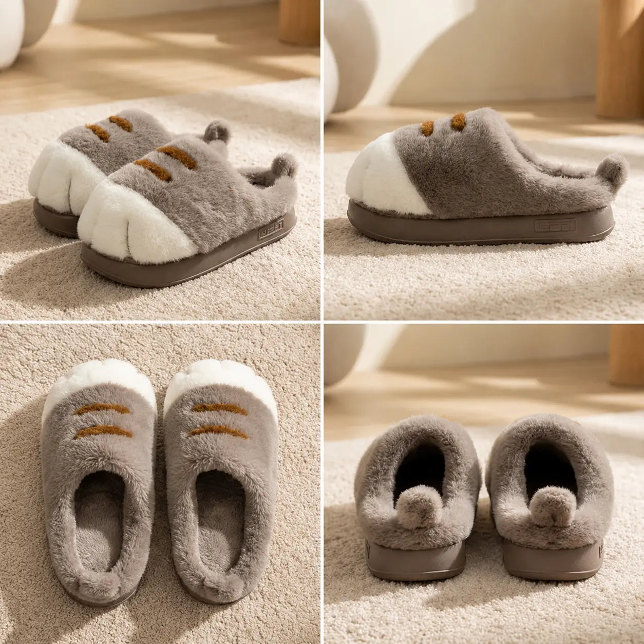 Collage of gray and white slippers with brown accents on a soft surface.