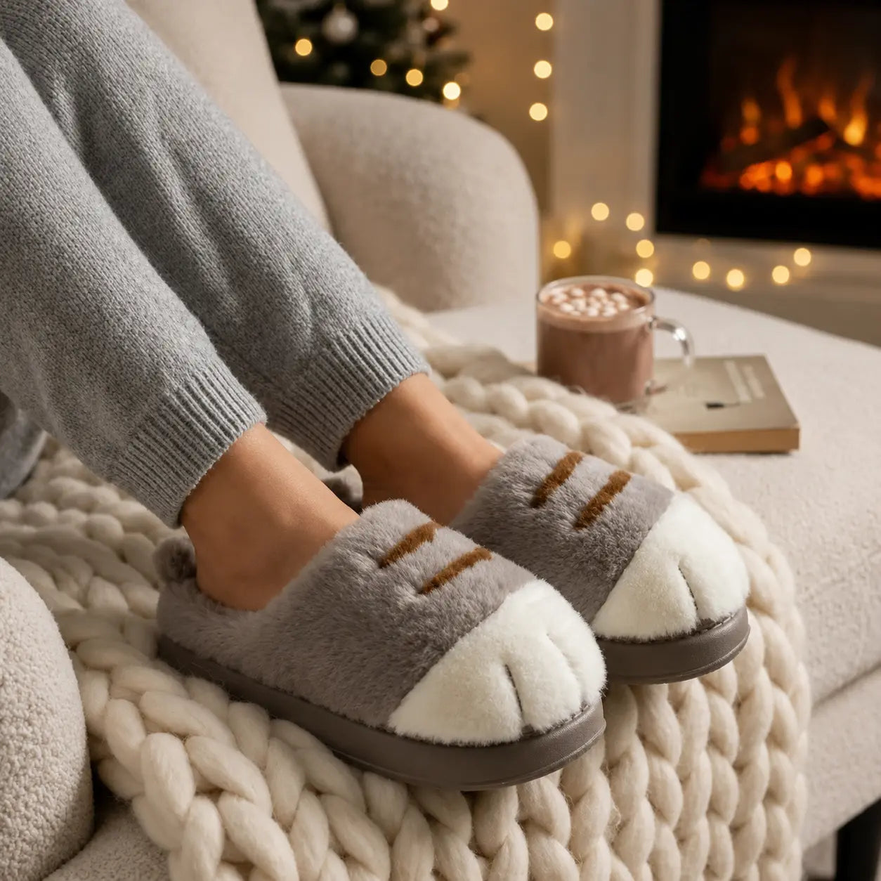 Person wearing gray paw print slippers in a cozy living room with a fireplace and hot chocolate.