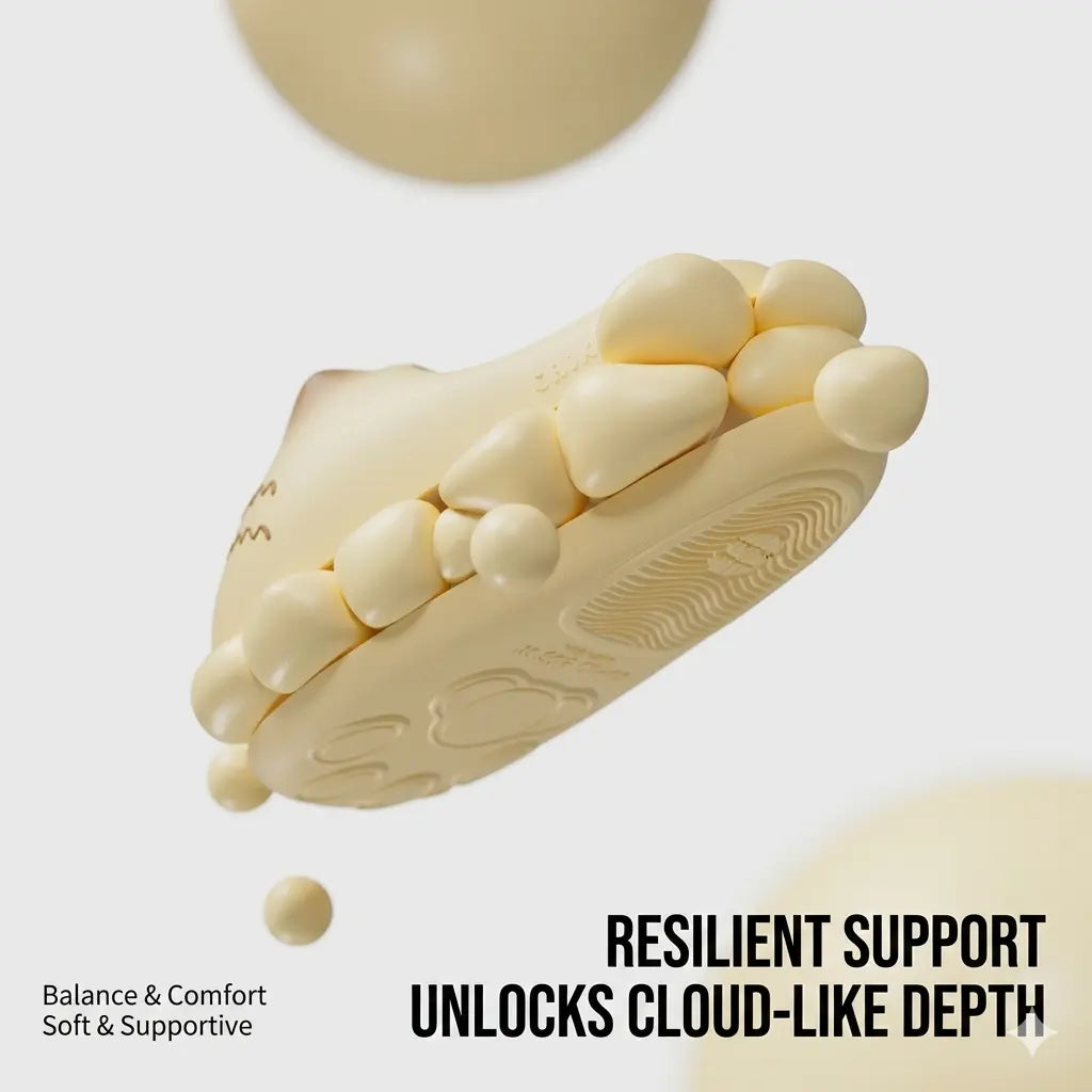 Beige foot-shaped product with text on a white background