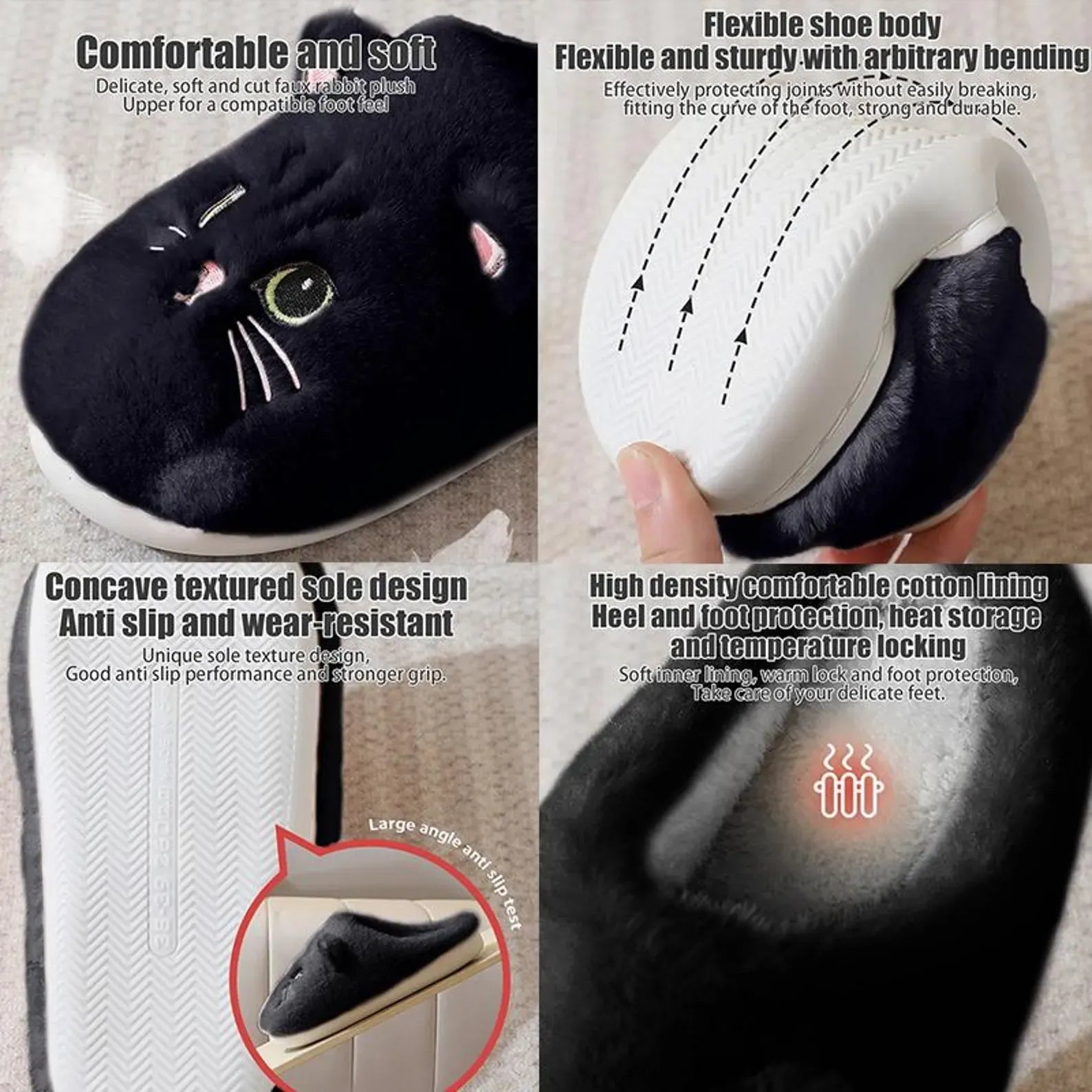 Black cat-shaped slippers with text describing features on a white background