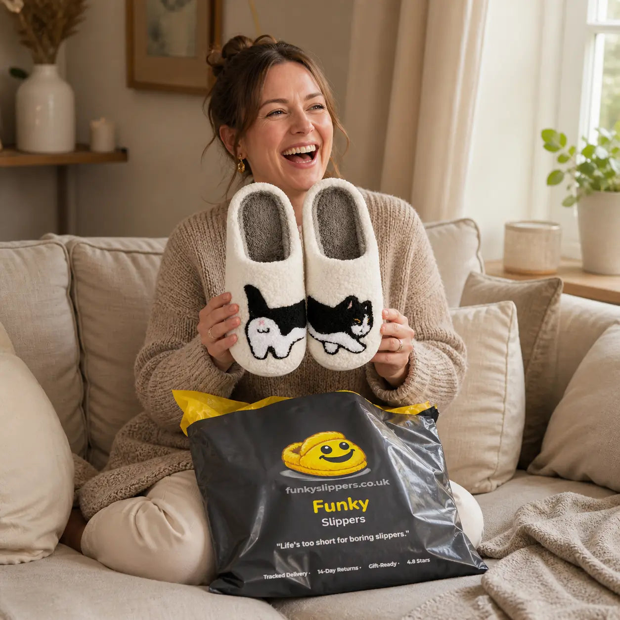 Woman holding a pair of slippers with a cat design, sitting on a couch in a cozy living room.
