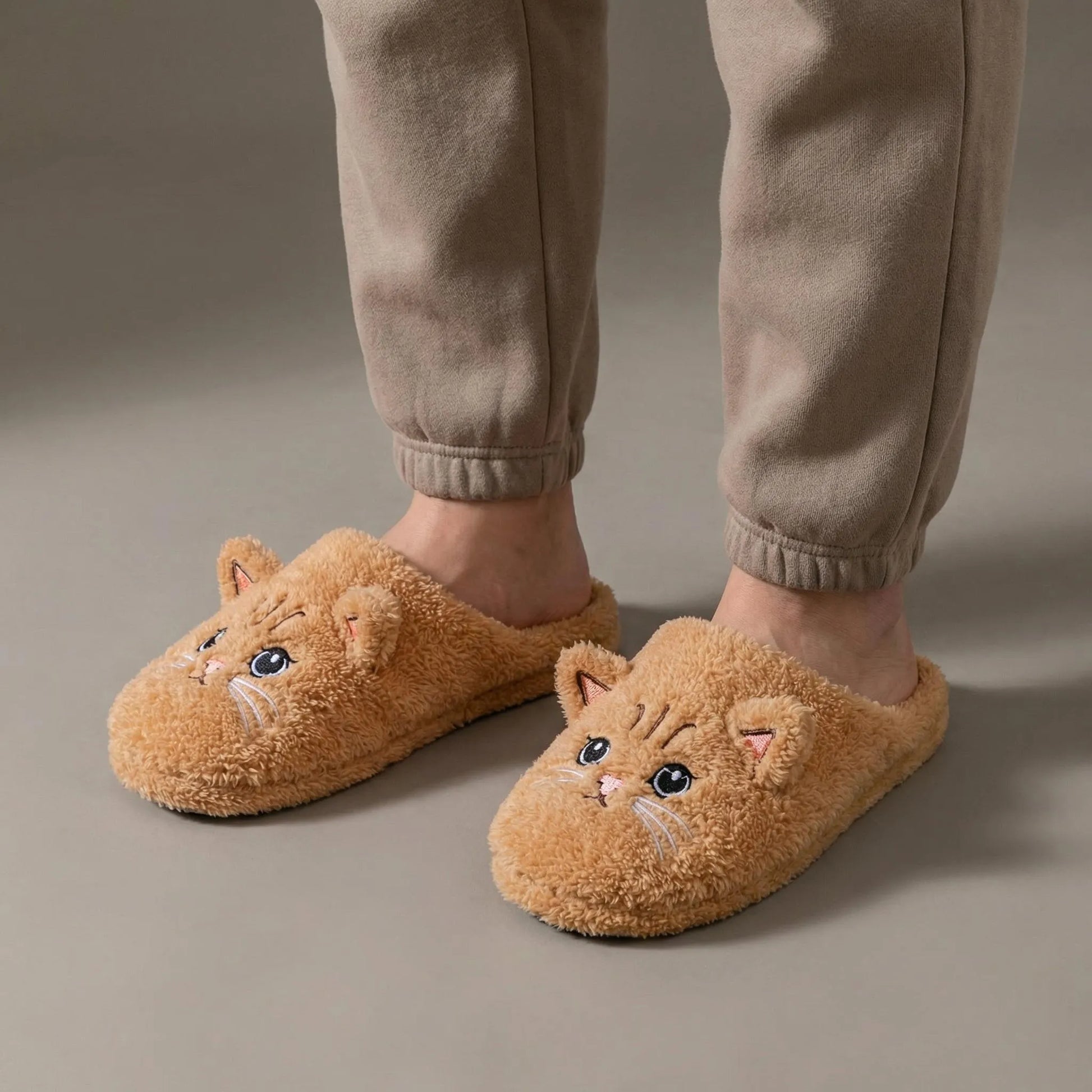 Cat-shaped slippers worn with beige pants on a neutral background