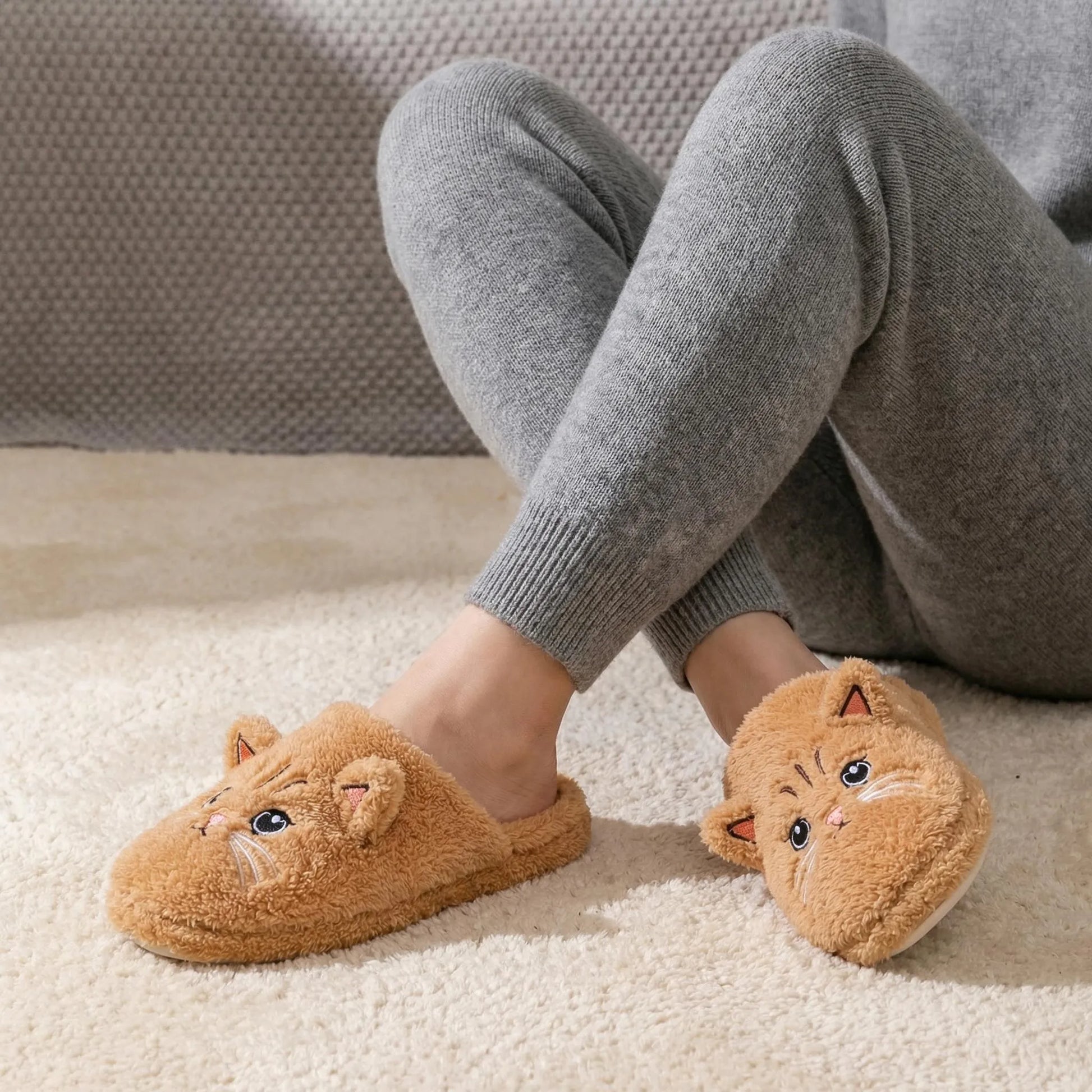 Person wearing brown cat-themed slippers on a carpeted floor.
