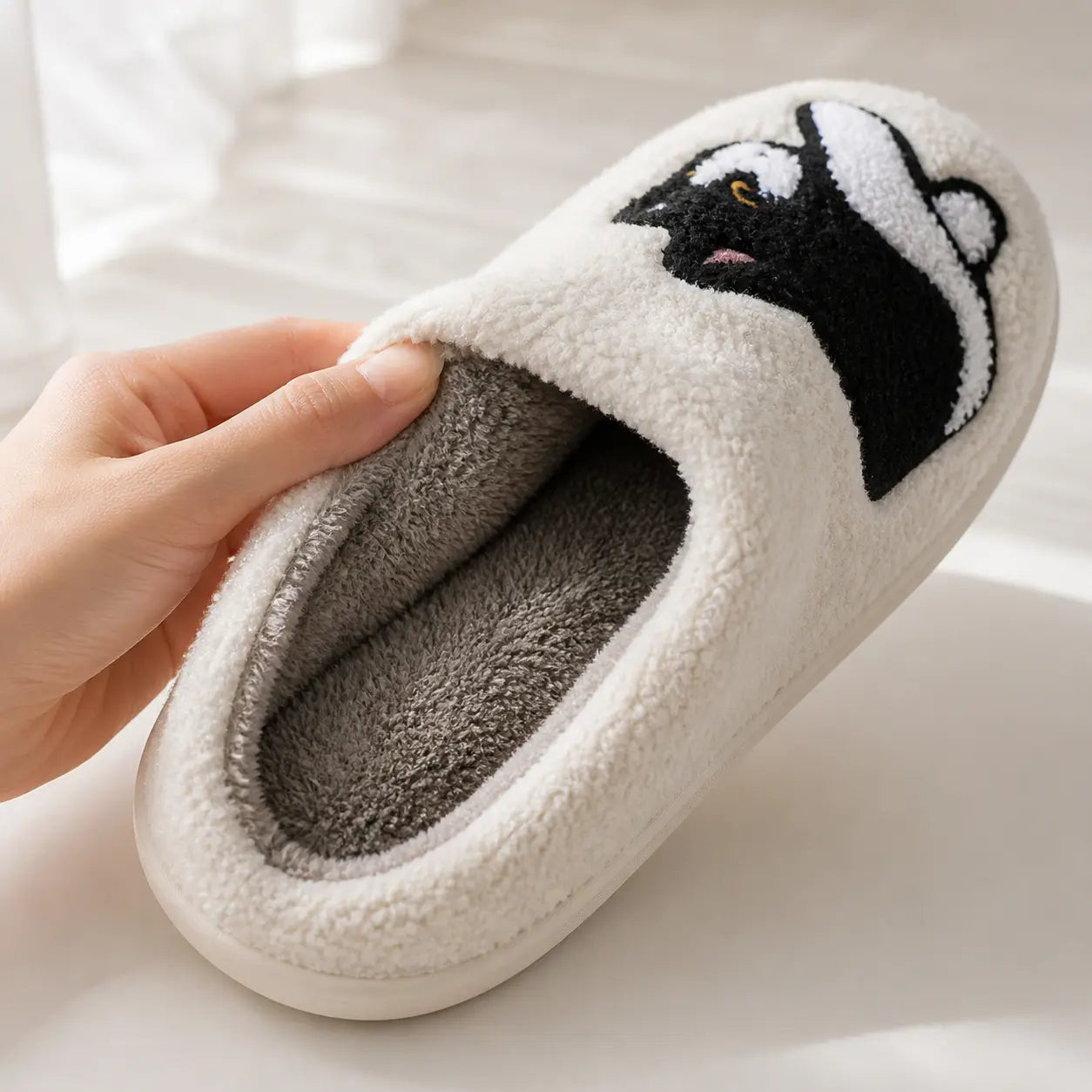 White slipper with a black and white animal design held by a hand on a light background