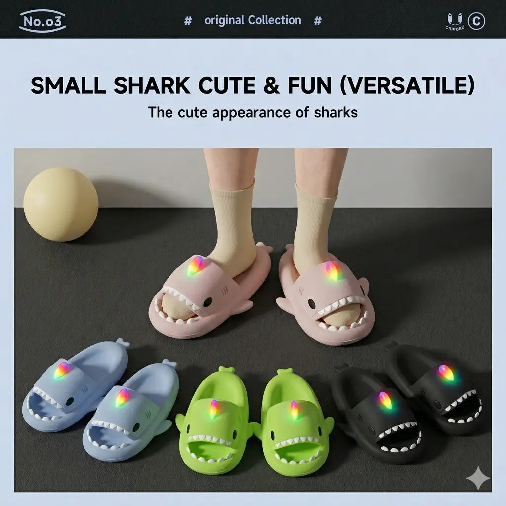 Shark-shaped slippers in various colors with LED lights on a dark surface.