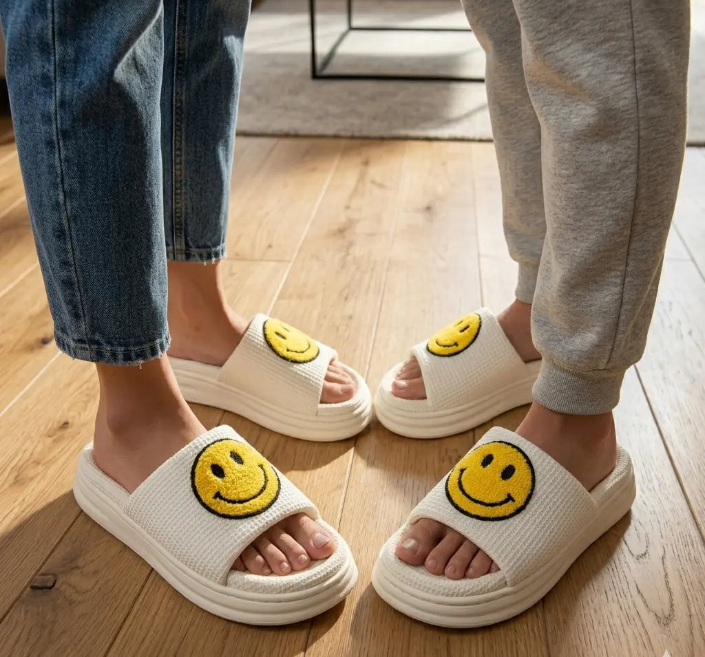 White slides with smiley face design worn by a person on a light background