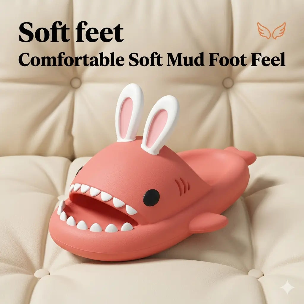 Pink shark-shaped slipper with bunny ears on a beige cushion, text 'Soft feet Comfortable Soft Mud Foot Feel'.