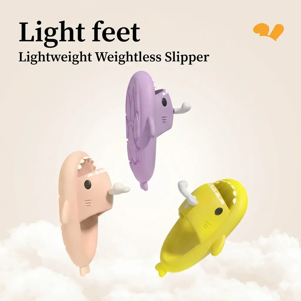Two cartoon-style slippers, one pink and one yellow, on a cloud with text 'Light feet Lightweight Weightless Slipper'.