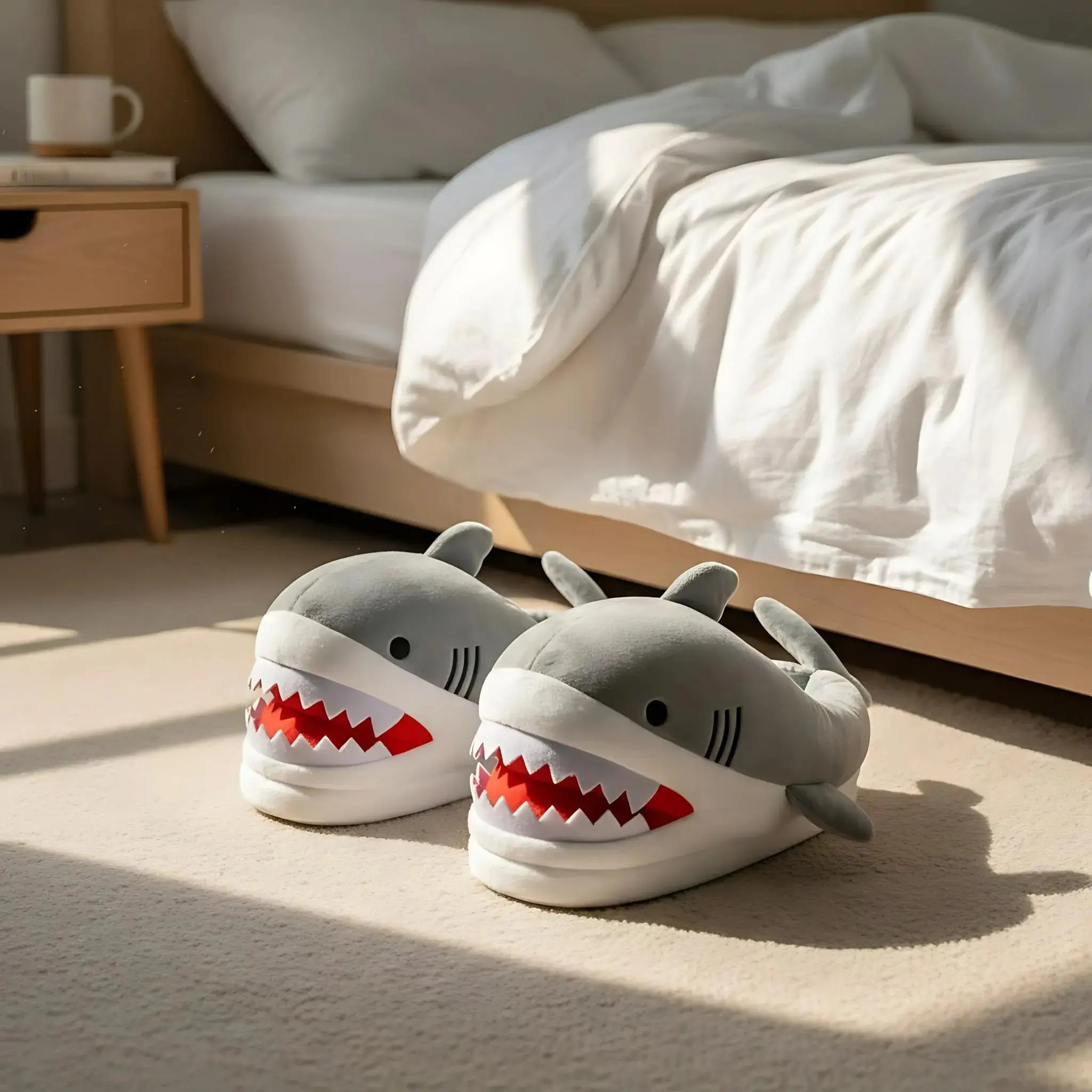 Shark-themed slippers on a bedroom floor with a bed and nightstand in the background.