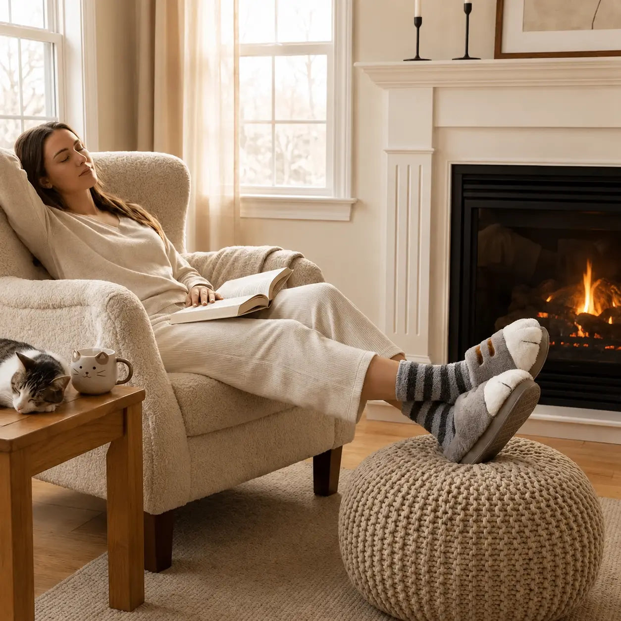 Woman relaxing in a chair by a fireplace with a cat on a table