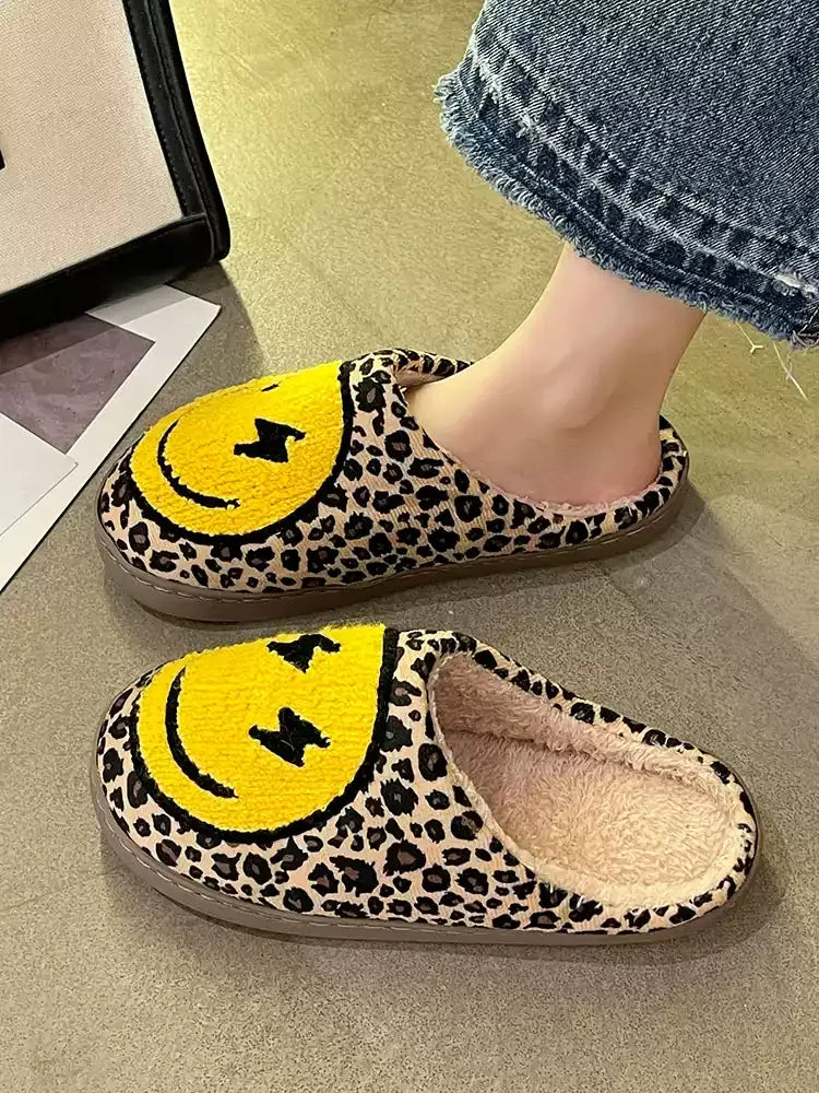 Leopard Print Smiley Face Slippers