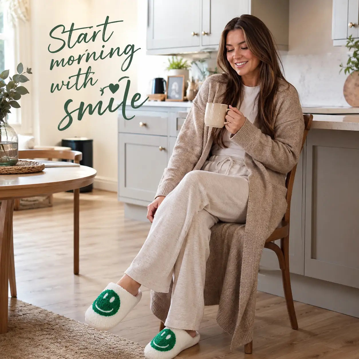 Woman sitting in a kitchen holding a mug with text 'Start morning with smile'.