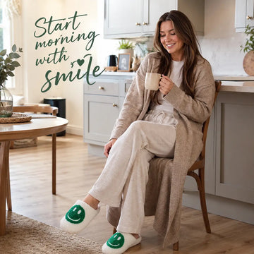 Woman sitting in a kitchen holding a mug with text 'Start morning with smile'.