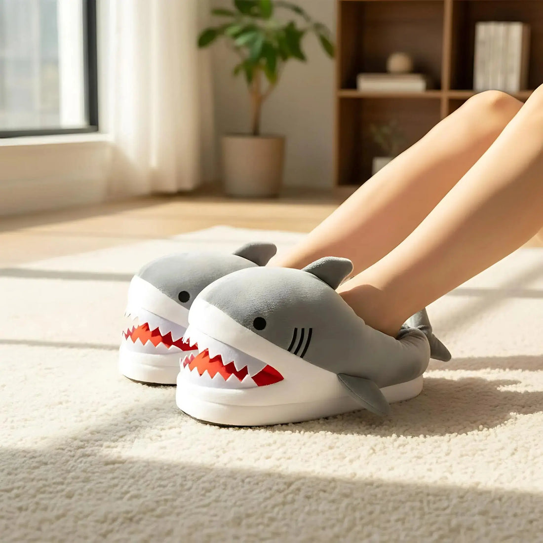 Person wearing shark-shaped slippers in a home setting
