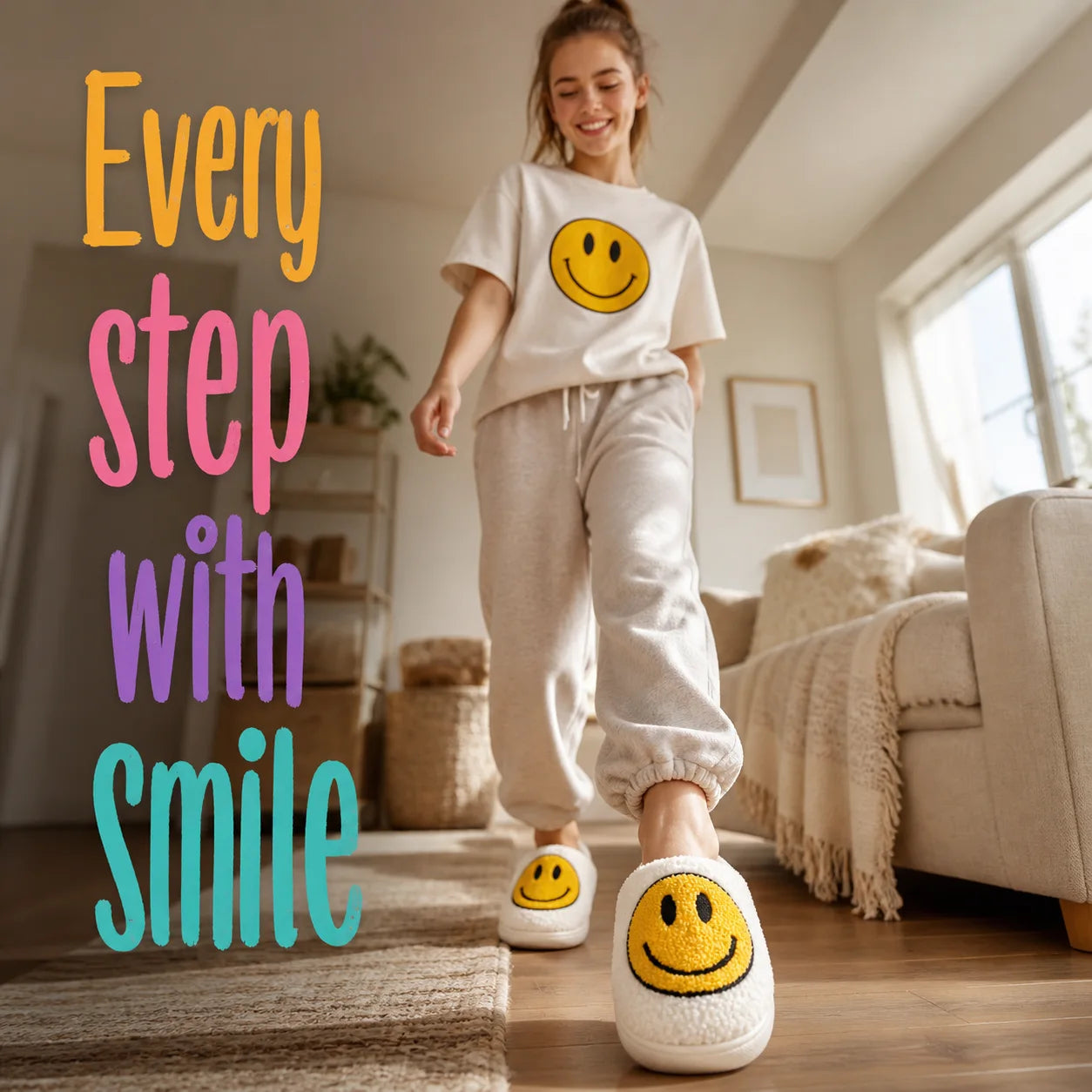Person wearing a white t-shirt and pants with smiley face socks in a living room.