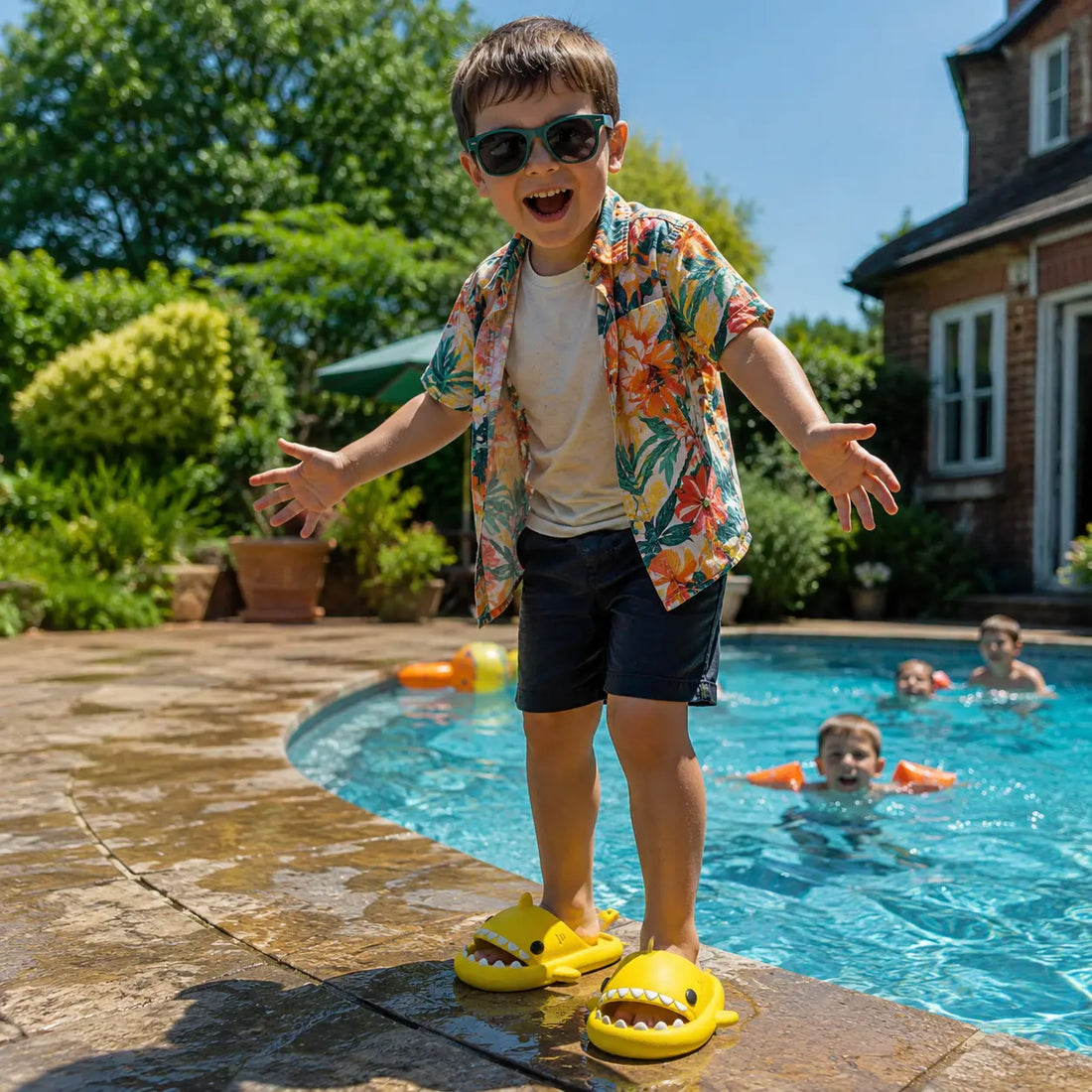 Child wearing sunglasses and a floral shirt by a pool with other children in the water.