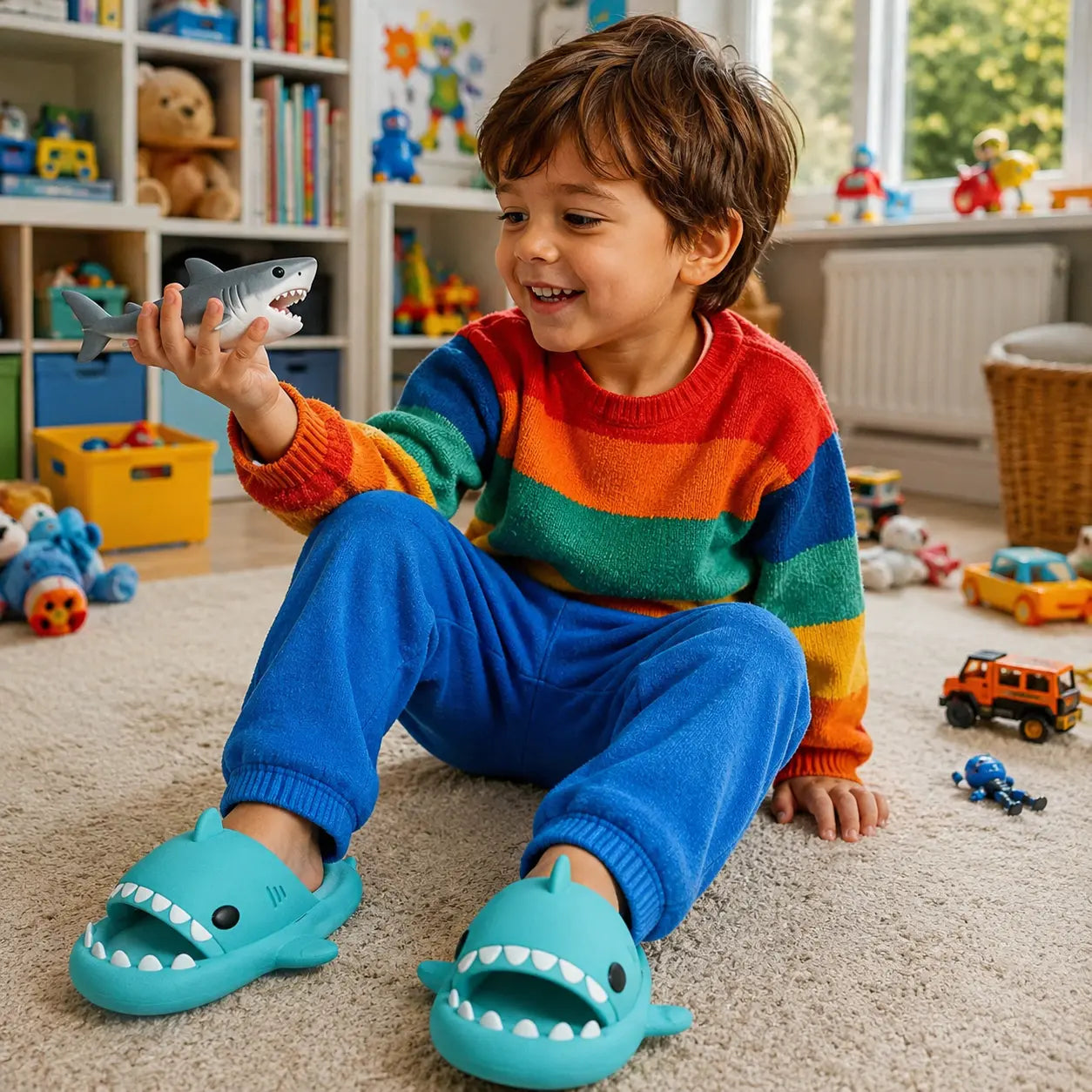 Child wearing colorful shark-themed sandals in a playroom filled with toys.