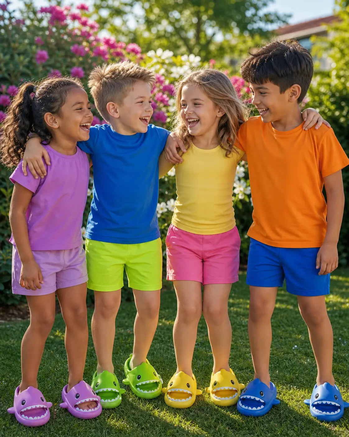 Four children standing together in colorful clothing with shark-themed shoes in a garden setting.