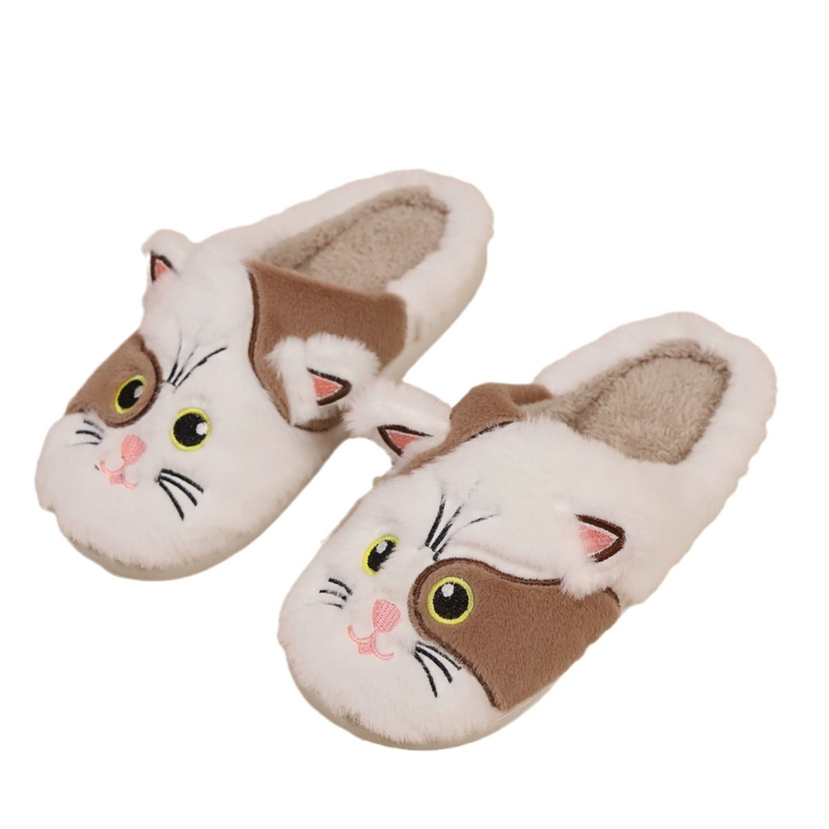 Cat-shaped slippers on a white background