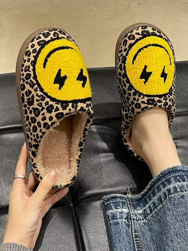 Leopard Print Smiley Face Slippers