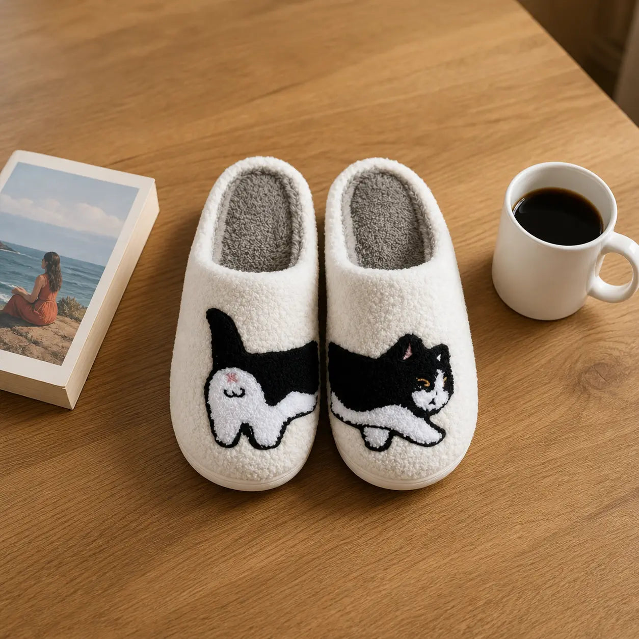 Pair of white slippers with black cat designs on a wooden surface next to a mug of coffee and a photo frame.