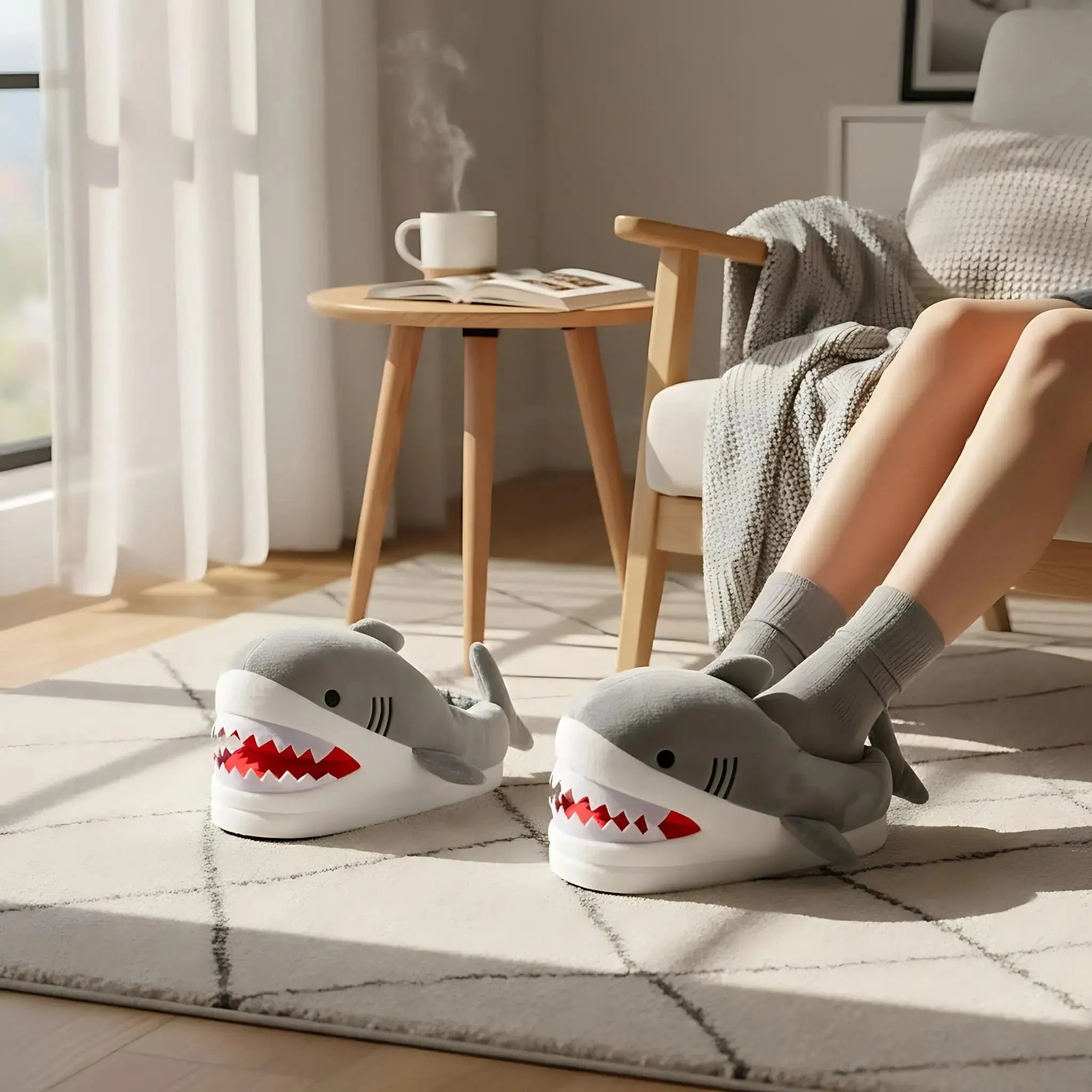 Person wearing shark-shaped slippers in a cozy living room.